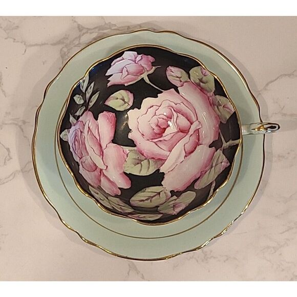 Paragon Double Warrant Cabbage Rose Tea Cup & Saucer Pink & Black Teacup GUC - Picture 4 of 11